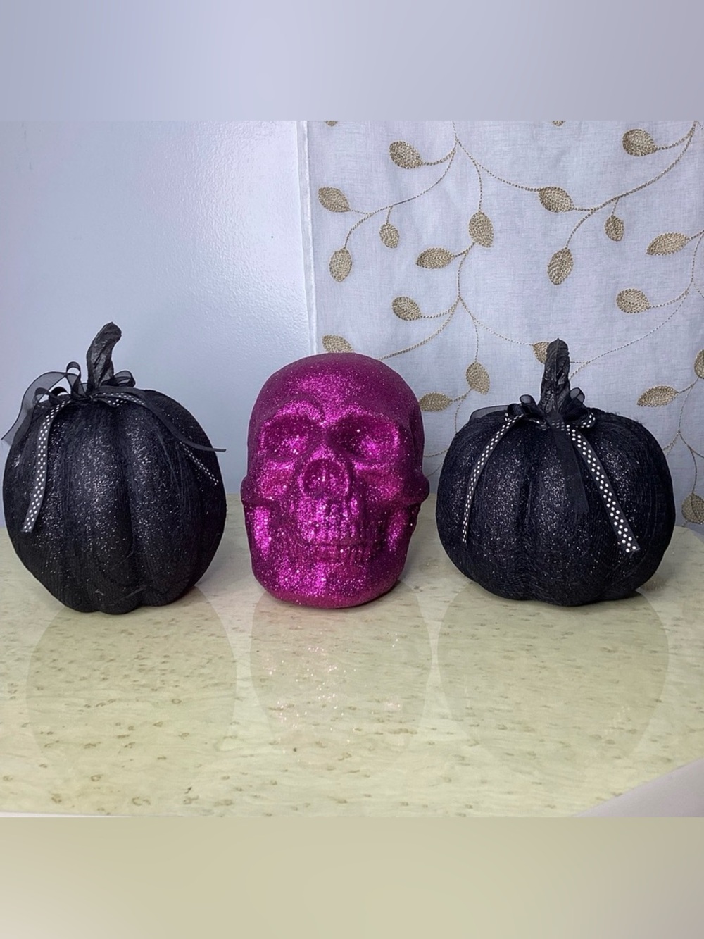 Sparkly Purple Skull and Black Lace Pumpkins Halloween Home Decor Set